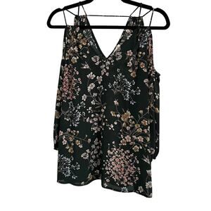 Skies Are Blue Floral Cold Shoulder Top Size M Forest Green 3/4 Sleeves Boho